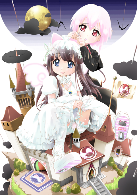 komame (wanton), artemis, artemis (tsukuyomi), hazuki (tsukuyomi), tsukuyomi moonphase, 00s, 2girls, animal ears, blue eyes, cat ears, multiple girls, pink hair, thighhighs, wings