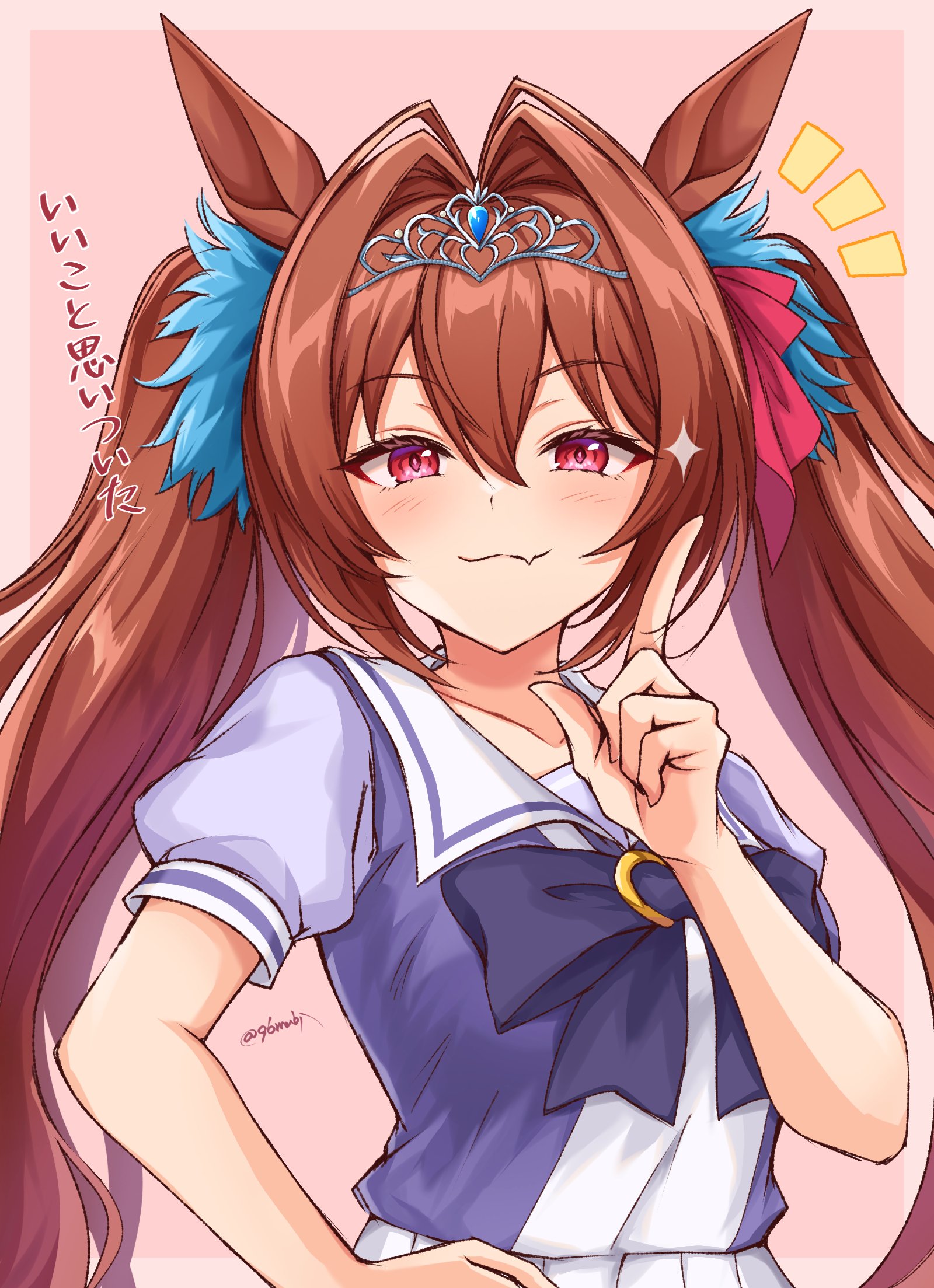 96mubi, daiwa scarlet (umamusume), umamusume, commentary request, highres, translation request, 1girl, :3, animal ears, blush, bow, bowtie, brown hair, closed mouth, fang, fang out, hair between eyes, hand up, horse ears, horse girl, index finger raised, long hair, looking at viewer, notice lines, pink background, purple bow, purple bowtie, purple shirt, red eyes, sailor collar, school uniform, shirt, short sleeves, simple background, skin fang, smile, solo, sparkle, summer uniform, tracen school uniform, twintails, twitter username, upper body, white sailor collar