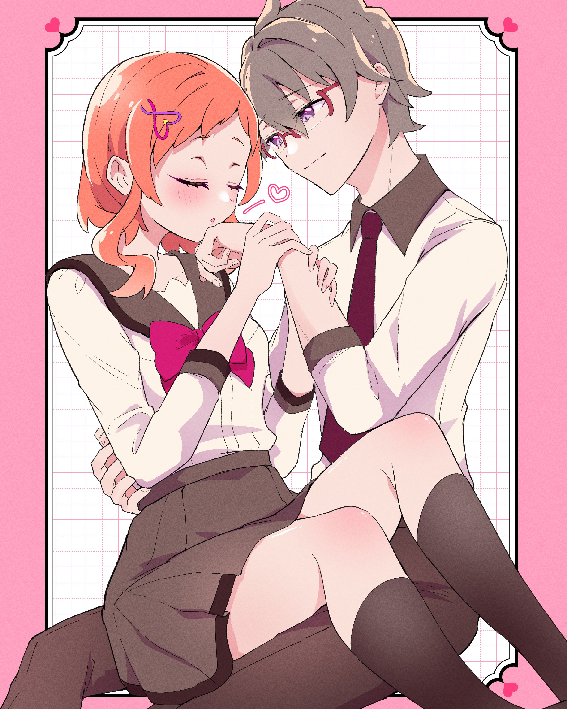 mikorin, inukai iroha, toyama satoru, precure, wonderful precure!, absurdres, highres, 1boy, 1girl, asymmetrical bangs, bare legs, black socks, blush, box, closed eyes, collarbone, column, column lineup, couple, eyelashes, flirting, glasses, grabbing another's arm, hair ornament, hairpin, hand on another's back, heart, heart hair ornament, heart hairclip, kiss, kissing cheek, kissing hand, kneehighs, long sleeves, medium hair, necktie, orange hair, pants, parted bangs, pillar, ribbon, sailor collar, school uniform, short hair, sitting, sitting on lap, sitting on person, skirt, socks, stuck in a box, very short hair