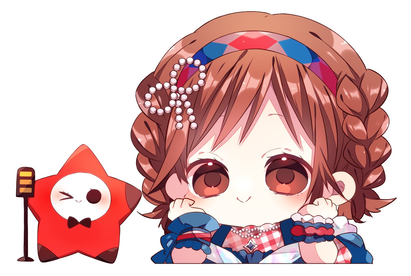 kaho 0102, meiko (vocaloid), vocaloid, 1girl, blue hairband, blue shirt, blush, braid, brown eyes, brown hair, chibi, chibi only, closed mouth, cropped torso, hairband, hands up, jewelry, long hair, looking at viewer, necklace, shirt, short sleeves, simple background, smile, solo, twin braids, white background, wrist cuffs