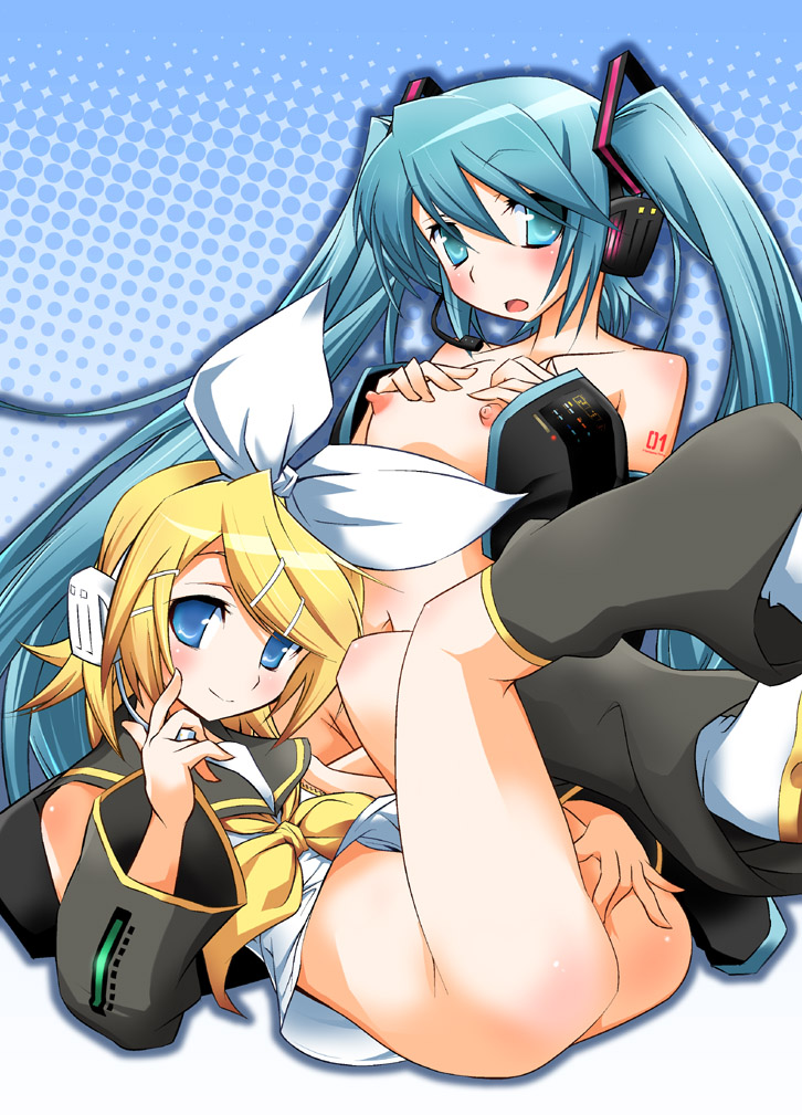 hermmy, hatsune miku, kagamine rin, vocaloid, 2girls, aqua eyes, aqua hair, ass, blonde hair, blue eyes, blush, boots, bottomless, breast suppress, detached sleeves, female masturbation, flat chest, hair ornament, hair ribbon, hairclip, headset, long hair, lying, masturbation, multiple girls, nipples, on back, open clothes, open mouth, open shirt, ribbon, school uniform, serafuku, shirt, short hair, smile, tattoo, thighhighs, topless female, twintails, very long hair