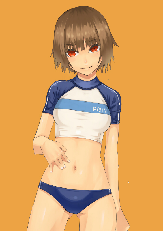 nidy, original, pixiv, 1girl, bikini, brown hair, female focus, navel, orange background, red eyes, short hair, smile, solo, swimsuit, wet