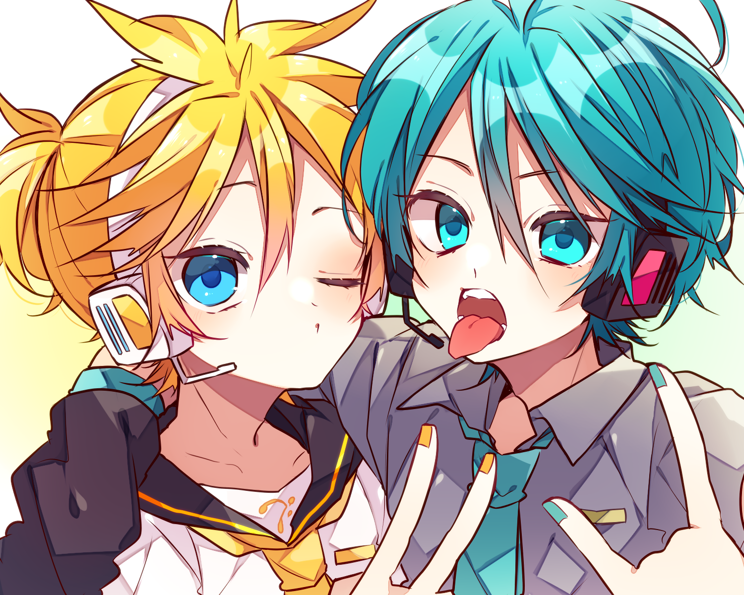 kaho 0102, hatsune mikuo, kagamine len, vocaloid, commentary request, highres, 2boys, m/, arm warmers, bass clef, black sailor collar, blonde hair, blue eyes, blue hair, blue nails, blue necktie, closed mouth, collared shirt, double-parted bangs, grey shirt, hair between eyes, hand up, headset, looking at viewer, male focus, multiple boys, nail polish, necktie, one eye closed, open mouth, sailor collar, shirt, short hair, short sleeves, tongue, tongue out, upper body, v, white shirt, yellow nails, yellow necktie