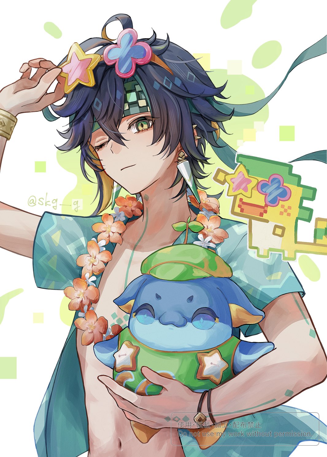 kinich (genshin impact), genshin impact, highres, 1boy, adjusting eyewear, black hair, flower, flower necklace, green headband, hair between eyes, headband, holding, jewelry, looking at viewer, male focus, multicolored eyes, necklace, one eye closed, open clothes, open shirt, skg g, solo, spiked ear piercing, summer uniform, sunglasses, tank top, upper body