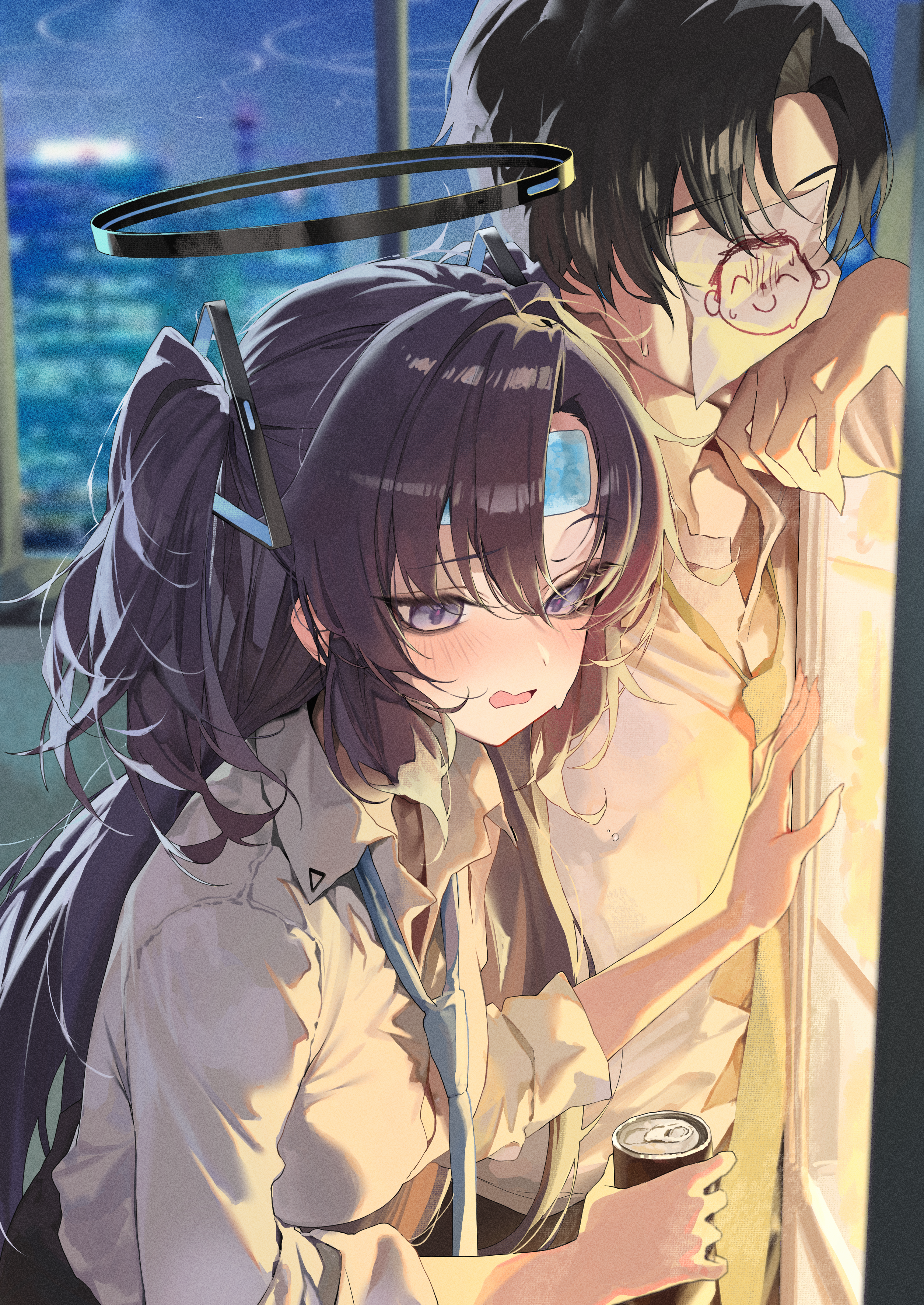 pepq, doodle sensei (blue archive), sensei (blue archive), yuuka (blue archive), blue archive, absurdres, commentary request, highres, 1boy, 1girl, black hair, blue necktie, blush, breasts, can, cold pack, dress shirt, halo, holding, holding can, long hair, loose necktie, medium breasts, necktie, open collar, paper on head, purple eyes, purple hair, shirt, sweat, two side up, very long hair, white shirt