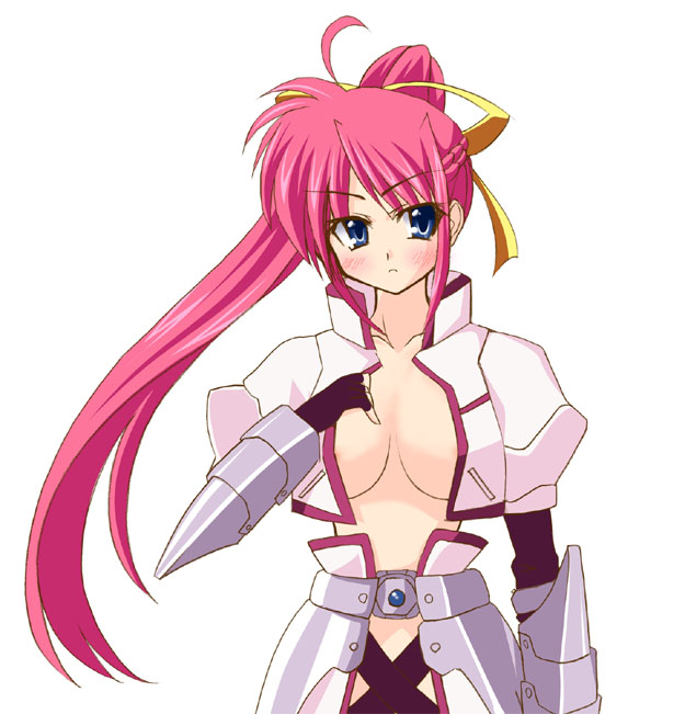 signum, lyrical nanoha, mahou shoujo lyrical nanoha, mahou shoujo lyrical nanoha a's, non-web source, 00s, armor, blue eyes, blush, open clothes, open shirt, pink hair, ponytail, shirt, solo