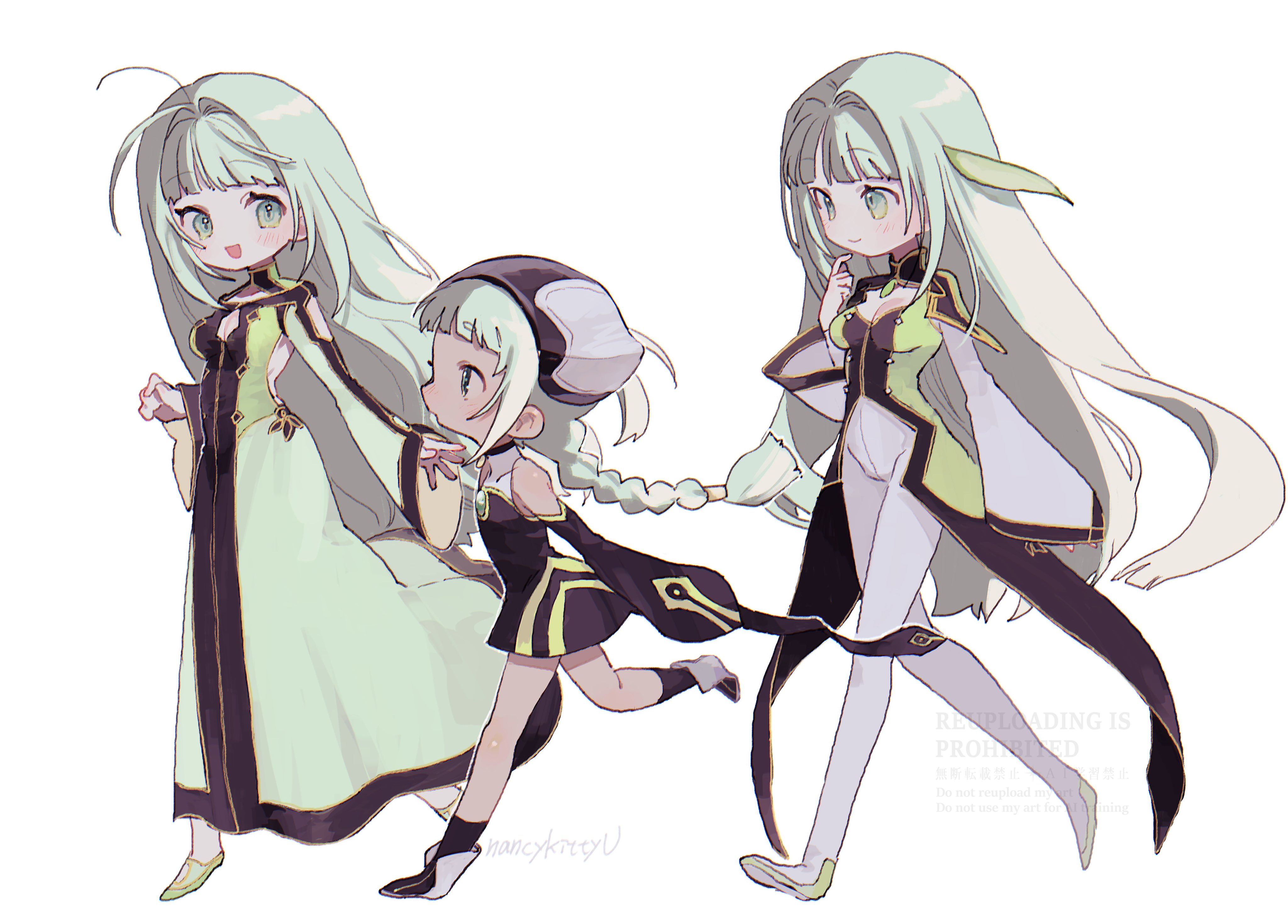 nancykittyu, martel (tales), tales of (series), tales of symphonia, absurdres, highres, black dress, black shoes, black trim, blunt bangs, cleavage cutout, clothing cutout, detached sleeves, dress, gold trim, green dress, green eyes, green hair, green shoes, hair intakes, leggings, long hair, shoes, simple background, tabatha (tales), white background, white leggings, white sleeves, white trim, wide sleeves