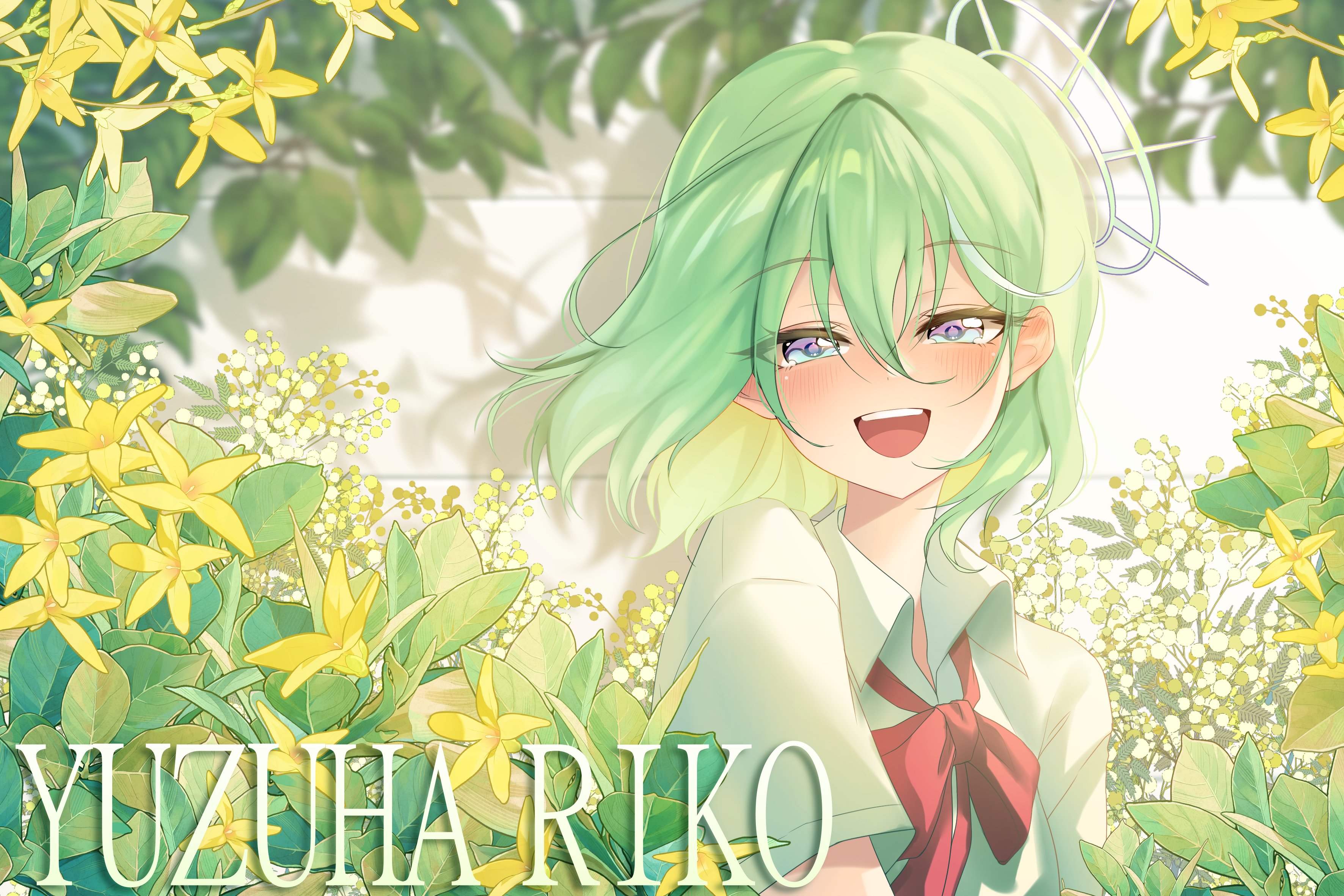 charachan900, yuzuha riko, stellive, absurdres, commentary, highres, symbol-only commentary, 1girl, blush, bow, bowtie, character name, collared shirt, flower, green hair, green shirt, grey eyes, hair between eyes, long bangs, looking at viewer, medium hair, multicolored hair, open mouth, plant, red bow, red bowtie, shadow, shirt, short sleeves, smile, solo, streaked hair, upper body, virtual youtuber, white streaks, wing collar, yellow flower