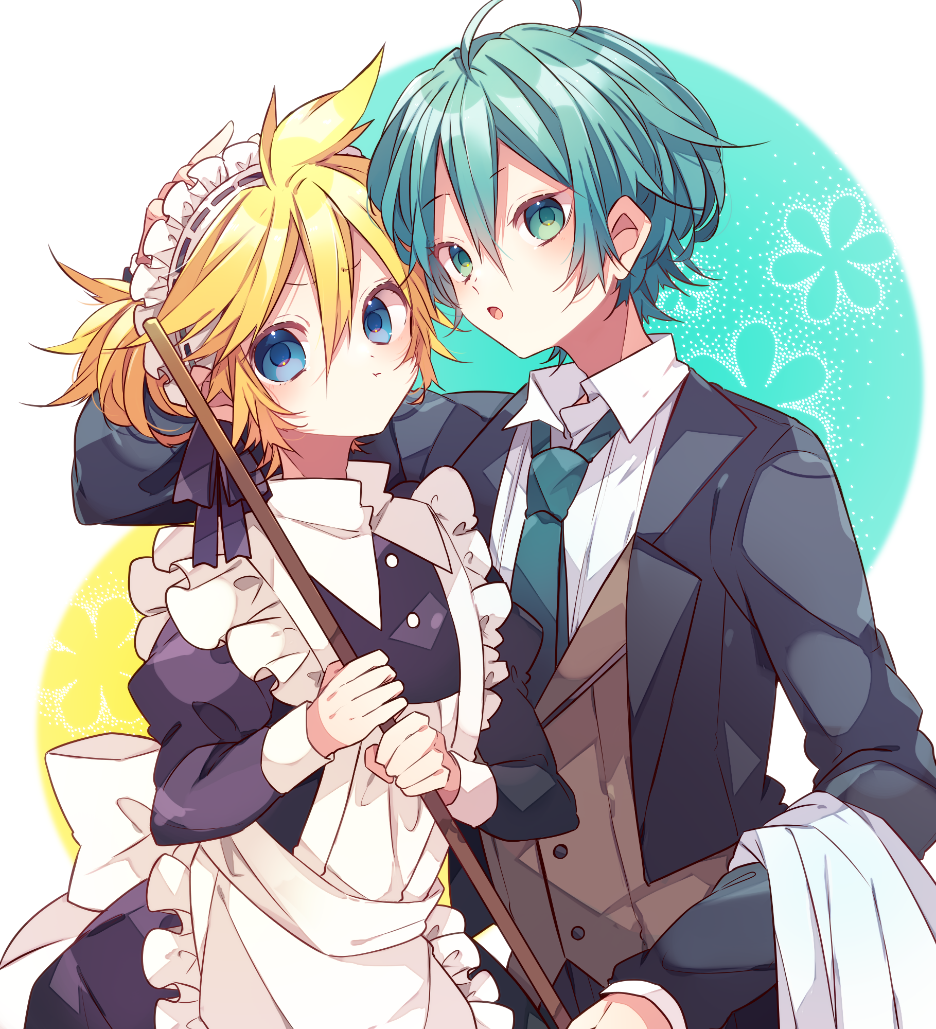 kaho 0102, hatsune mikuo, kagamine len, vocaloid, commentary request, highres, 2boys, :o, :t, apron, black dress, black jacket, blonde hair, blue background, blue eyes, blue hair, blue necktie, broom, brown vest, butler, closed mouth, collared shirt, crossdressing, crossdressing (mtf), double-parted bangs, dress, frilled apron, frills, hair between eyes, hand on another's head, holding, holding broom, jacket, juliet sleeves, long sleeves, looking at viewer, maid, maid headdress, male focus, male maid, multiple boys, necktie, open clothes, open jacket, open mouth, puffy sleeves, shirt, short hair, towel, two-tone background, upper body, vest, white apron, white shirt, yellow background