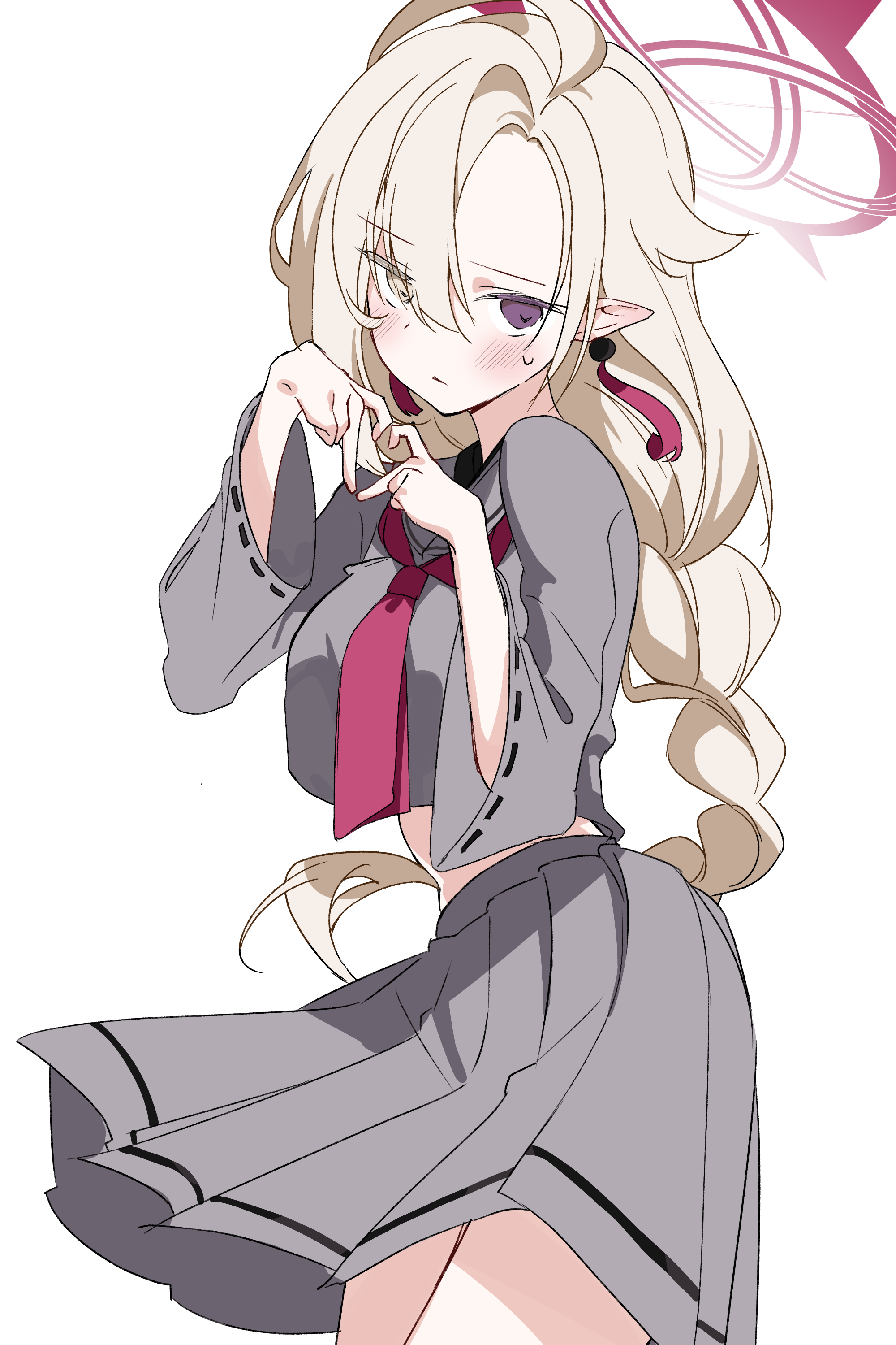 comorebi, blue archive, absurdres, commentary request, highres, 1girl, ahoge, ayame (blue archive), blonde hair, blush, cropped shirt, four-finger heart hands, grey serafuku, halo, heart, heart hands, heterochromia, long braid, long hair, looking at viewer, midriff, neckerchief, pleated skirt, pointy ears, red neckerchief, school uniform, serafuku, simple background, skirt, solo, sweatdrop, very long hair, white background