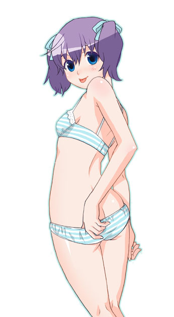 mattaku mousuke, original, 1girl, blue eyes, bra, butt crack, female focus, lingerie, panties, purple hair, solo, striped clothes, striped panties, tongue, twintails, underwear, underwear only