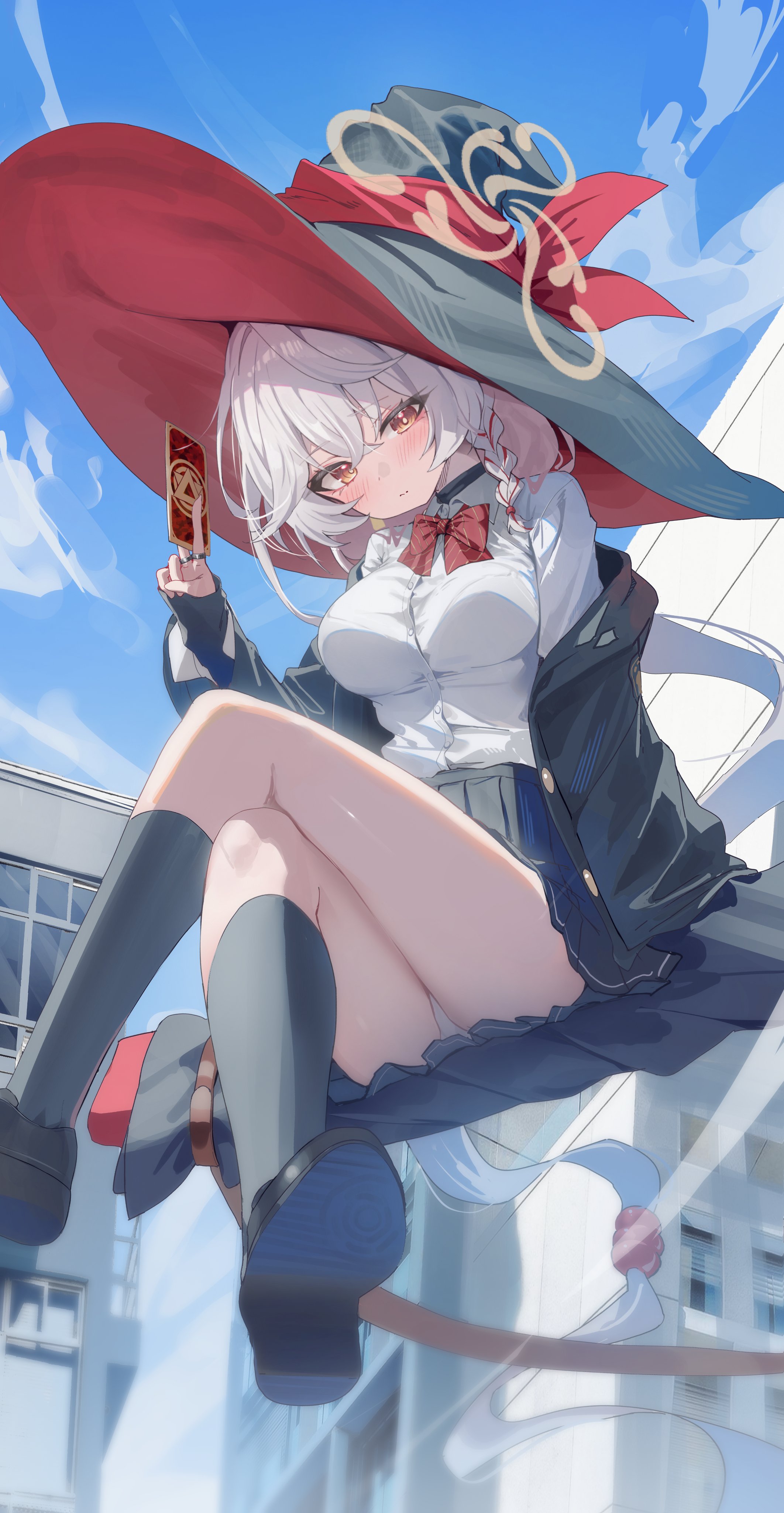 kerno, eri (blue archive), blue archive, absurdres, highres, 1girl, black hat, black jacket, black skirt, blue sky, blush, bow, bowtie, braid, breasts, card, collared shirt, earrings, halo, hat, jacket, jewelry, kneehighs, large breasts, long hair, long sleeves, looking at viewer, orange eyes, pleated skirt, shirt, skirt, sky, socks, solo, white hair, white shirt, witch hat