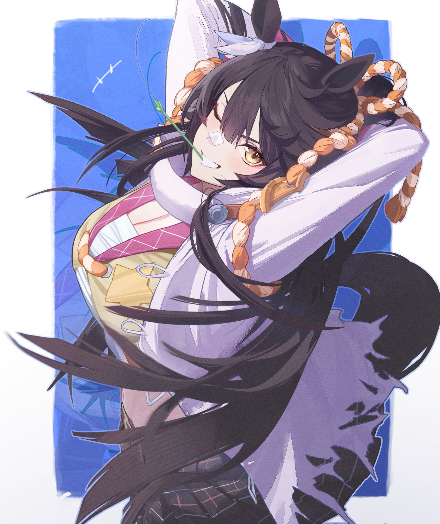 darah, narita brian (umamusume), umamusume, commentary, highres, 1girl, animal ears, arms behind head, breasts, cleavage, horse ears, horse girl, horse tail, jacket, large breasts, long sleeves, looking at viewer, one eye closed, smile, solo, tail, white jacket, yellow eyes