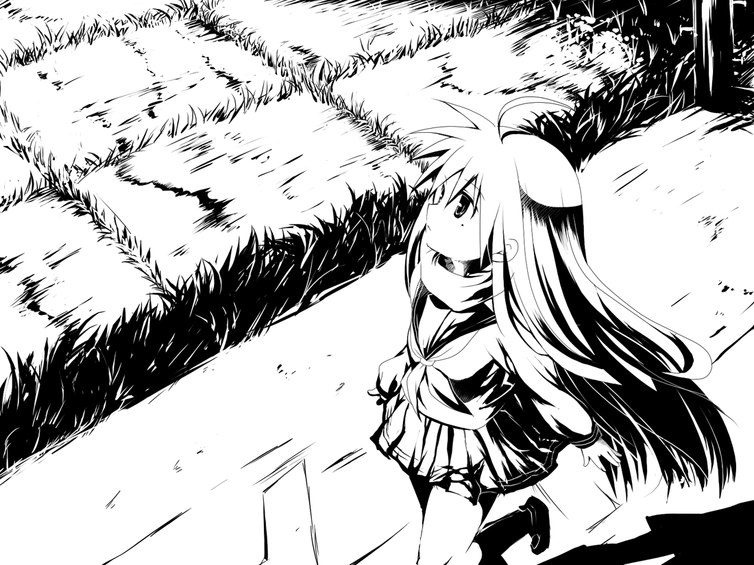 kodamasawa izumi, izumi konata, lucky star, 00s, 1girl, female focus, greyscale, high contrast, mole, mole under eye, monochrome, school uniform, serafuku, solo
