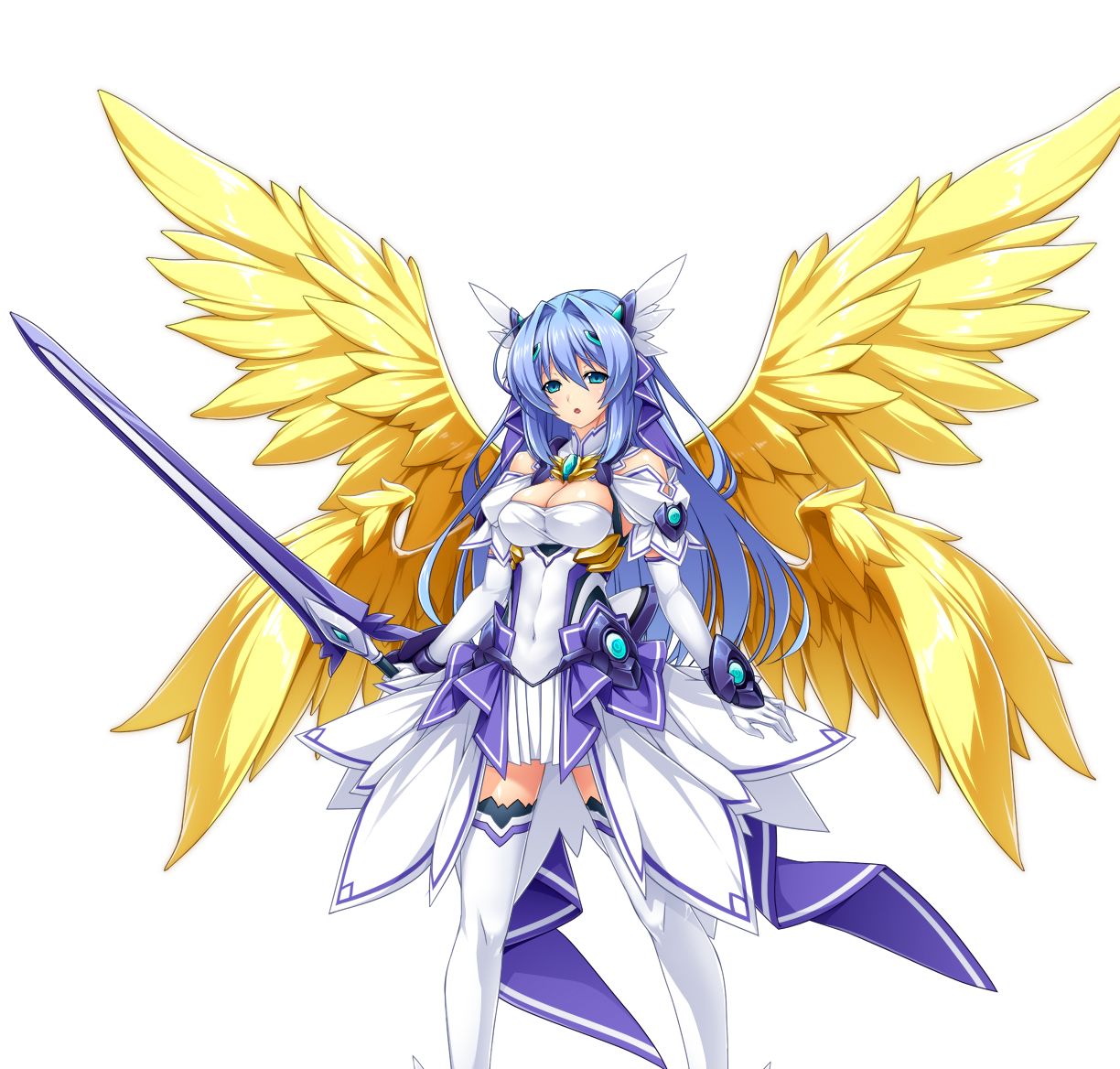 inoino, katsuragi marina, kouyoku senki exs-tia, game cg, large variant set, non-web source, official art, variant set, 1girl, :o, aqua eyes, blue eyes, blue hair, breasts, celestia (exs-tia), chest jewel, cleavage, covered navel, dress, elbow gloves, feathered wings, gloves, hair ornament, head wings, holding, holding sword, holding weapon, large breasts, long hair, looking at viewer, multiple wings, solo, standing, sword, thighhighs, transparent background, weapon, white dress, white gloves, white thighhighs, wings, yellow wings, zettai ryouiki