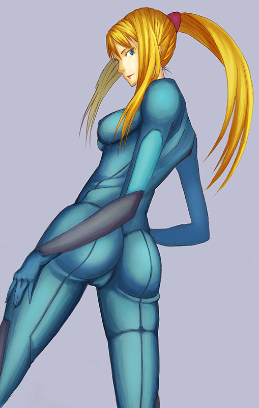 pepe (pepe's hp), samus aran, metroid, metroid: zero mission, nintendo, 1girl, ass, blonde hair, blue bodysuit, blue eyes, bodysuit, female focus, long hair, looking back, ponytail, solo, zero suit
