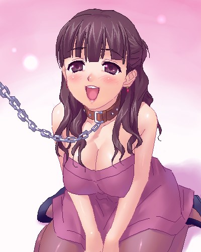 zen, sugisaki marina, mitsudomoe (manga), lowres, 1girl, blush, breasts, brown eyes, brown hair, chain, chain leash, cleavage, collar, dress, earrings, female focus, happy, high heels, jewelry, leash, long hair, oekaki, open mouth, pantyhose, shoes, sitting, slave, solo, thighhighs, v arms, viewer holding leash, wariza