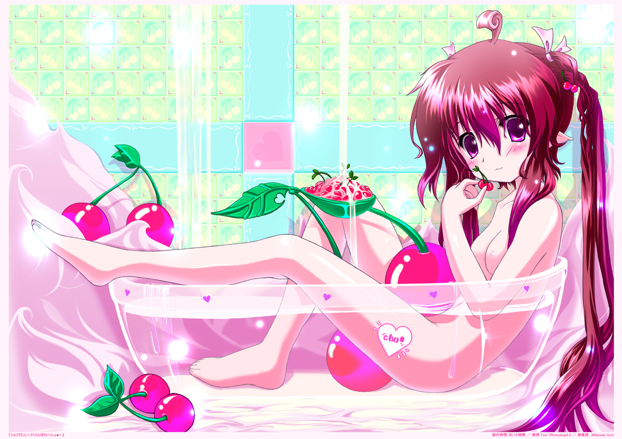 hinasaki you, original, 1girl, barefoot, cherry, feet, female focus, food, fruit, nude, red eyes, red hair, solo, twintails