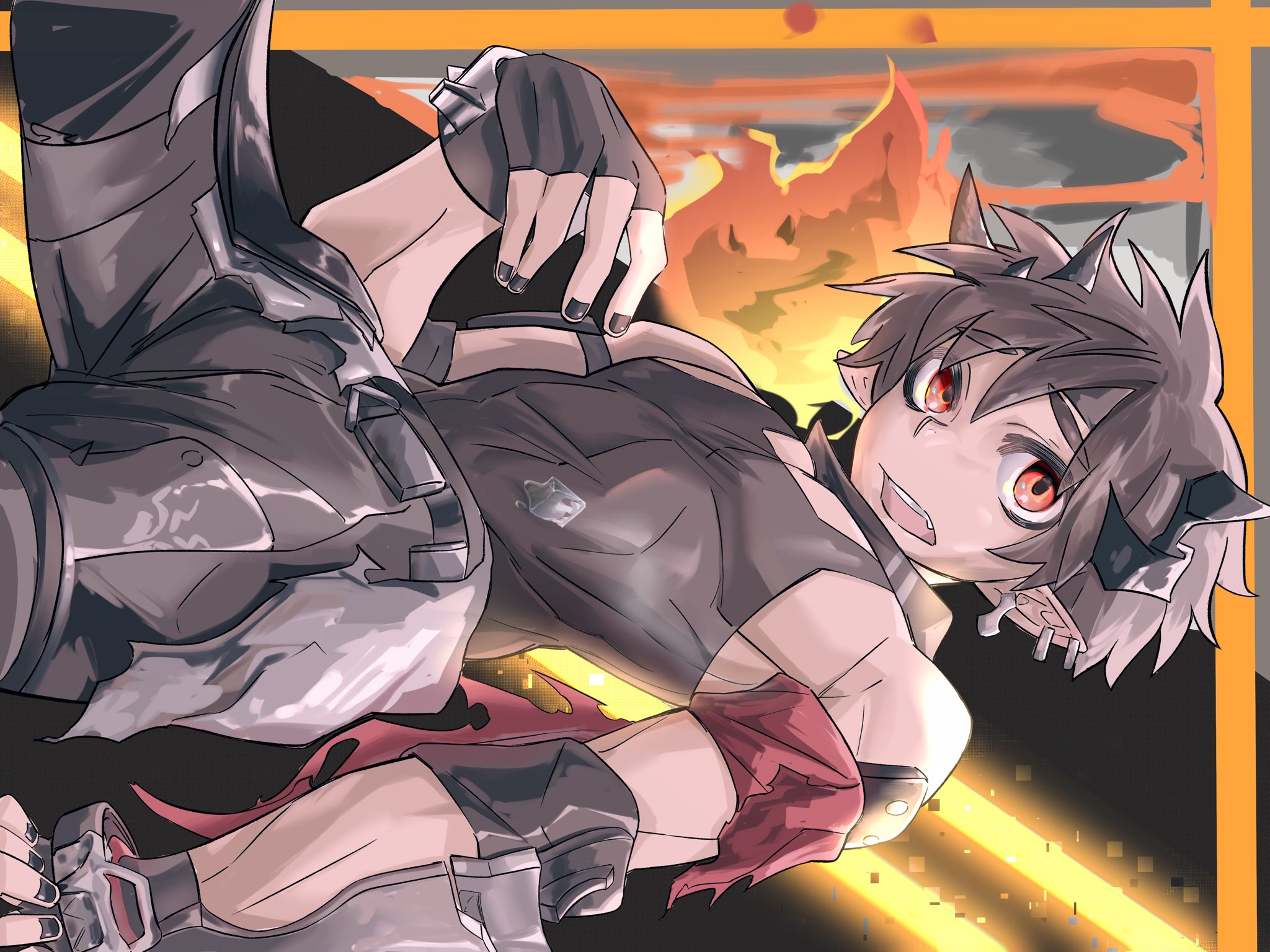 odda (arknights), arknights, artist request, highres, 1boy, armband, black gloves, black hair, black nails, black tank top, demon boy, demon horns, fingerless gloves, gloves, horns, male focus, open mouth, pointy ears, red armband, red eyes, sleeveless, tank top, teeth, upper teeth only