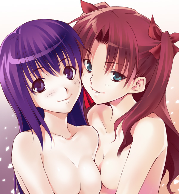 azu, matou sakura, tohsaka rin, fate/stay night, fate (series), 00s, 2girls, blue eyes, blush, breasts, incest, long hair, multiple girls, no nipples, nude, purple eyes, purple hair, red hair, siblings, sisters, smile, topless female, upper body, yuri