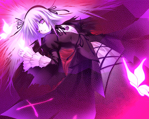 hinasaki you, suigintou, rozen maiden, silver hair, 00s, 1girl, animal, black dress, bug, butterfly, collarbone, cross-laced clothes, cross-laced legwear, detached collar, dress, female focus, frills, hairband, insect, lolita hairband, long sleeves, looking at viewer, pink eyes, solo