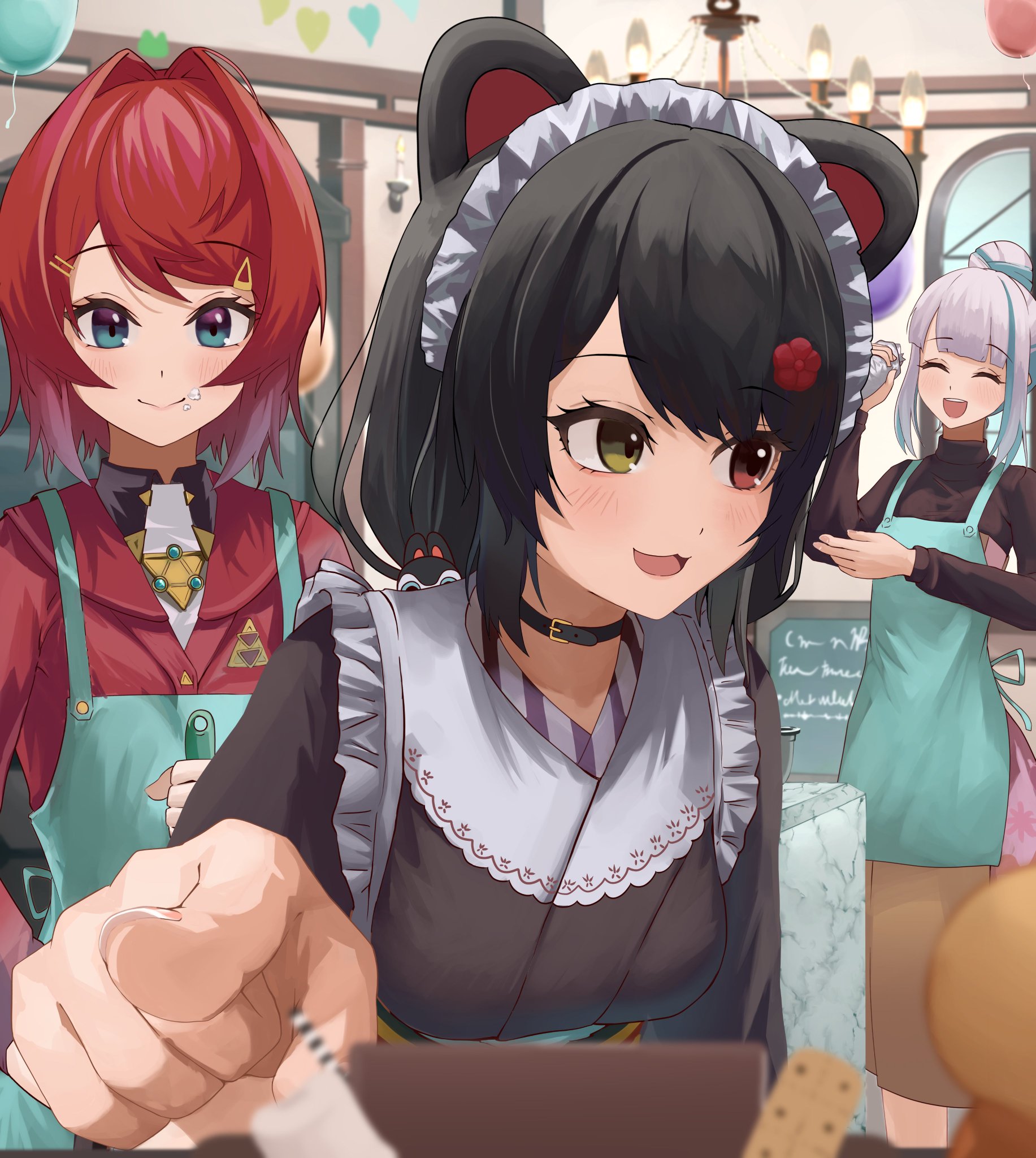 doidamon, ange katrina, ange katrina (1st costume), inui toko, inui toko (1st costume), lize helesta, lize helesta (5th costume), nijisanji, commentary request, highres, 3girls, :3, :d, ^ ^, animal ears, animal hair ornament, apron, aqua apron, aqua eyes, aqua hair, black collar, black hair, black sweater, blurry, blurry foreground, blush, breasts, brown dress, brown kimono, cardigan, closed eyes, closed mouth, collar, depth of field, dog ears, dress, flower, food, food on face, foreshortening, frills, gradient eyes, hair bun, hair flower, hair intakes, hair ornament, hairclip, hand up, hands up, heterochromia, holding, indoors, japanese clothes, kimono, long hair, long sleeves, looking at viewer, looking back, maid headdress, medium breasts, medium dress, medium hair, multicolored eyes, multicolored hair, multiple girls, open mouth, pointing, pointing at viewer, purple eyes, red cardigan, red eyes, red hair, sanbaka (nijisanji), sidelocks, single hair bun, smile, standing, streaked hair, sweater, swept bangs, teeth, two-tone hair, upper teeth only, virtual youtuber, white hair, white headdress, yellow eyes
