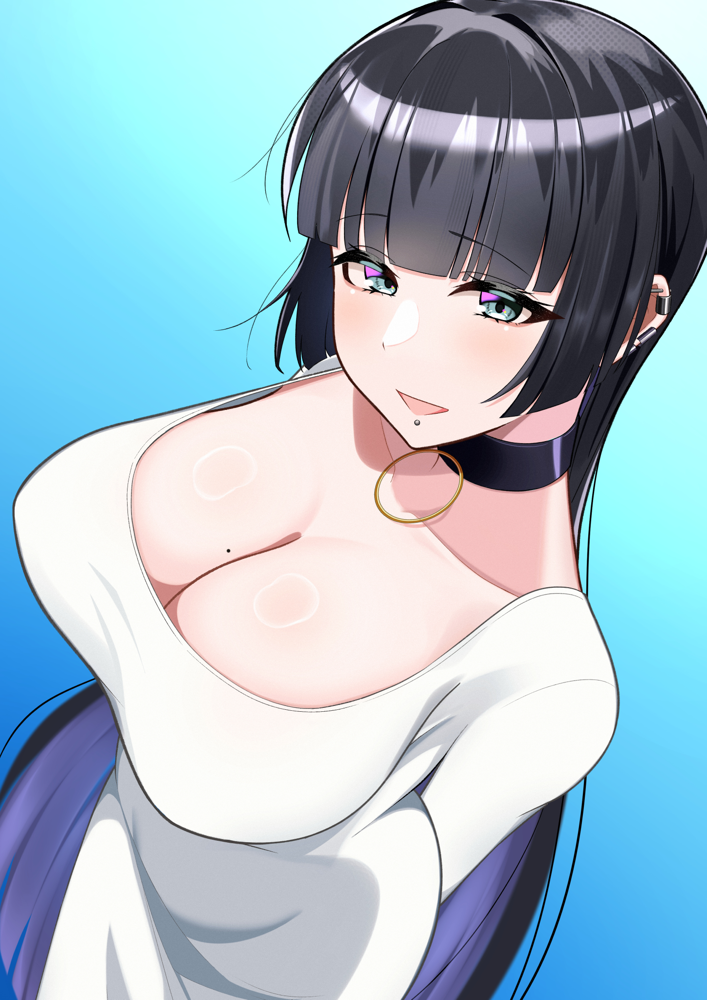 bigthirteen0301, pa-san, bocchi the rock!, commentary, highres, 1girl, aqua eyes, barbell piercing, black choker, black hair, blue background, blunt bangs, breasts, choker, cleavage, colored inner hair, dongtan dress, dress, ear piercing, face piercing, goth fashion, gradient background, hime cut, huge breasts, industrial piercing, jewelry, large breasts, lip piercing, long hair, long sleeves, mole, mole on breast, multicolored hair, open mouth, piercing, purple hair, simple background, solo, two-tone hair, upper body, very long hair, white dress, wide sleeves