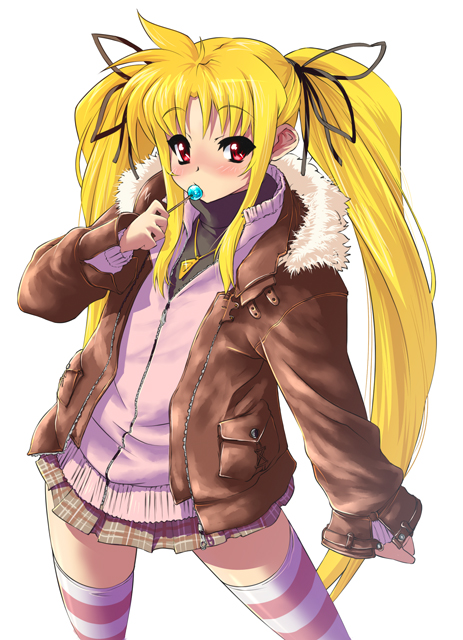nekomamire, fate testarossa, lyrical nanoha, mahou shoujo lyrical nanoha, 00s, 1girl, blonde hair, candy, coat, cowboy shot, female focus, food, lollipop, long hair, red eyes, skirt, solo, standing, striped clothes, striped thighhighs, thighhighs, twintails, zettai ryouiki