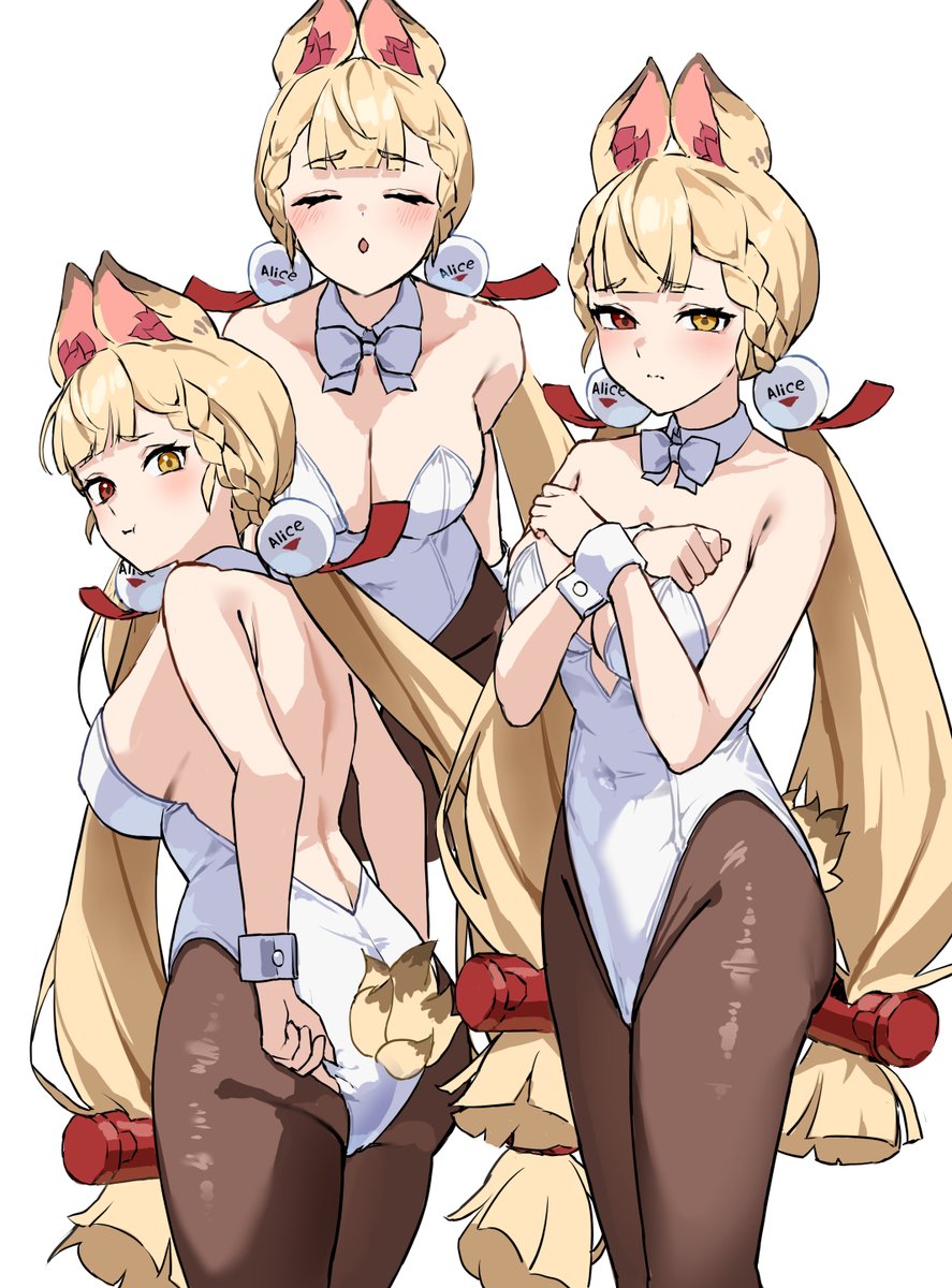 uuroncha, alice thymefield, zenless zone zero, highres, 1girl, animal ears, ass, back, blonde hair, blush, braid, breasts, brown pantyhose, closed eyes, hair ornament, heterochromia, leotard, long hair, looking at viewer, looking back, low twintails, medium breasts, multiple views, open mouth, orange eyes, pantyhose, rabbit ears, rabbit girl, rabbit tail, sphere hair ornament, tail, thighs, twintails, white leotard, yellow eyes