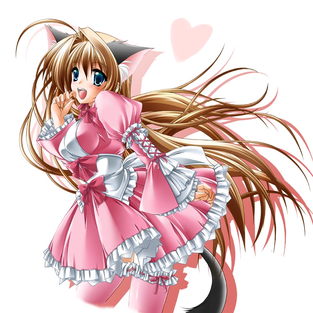 kamiya tomoe, original, 1girl, animal ears, blue eyes, brown hair, cat ears, cat tail, female focus, solo, tail, thighhighs, waitress