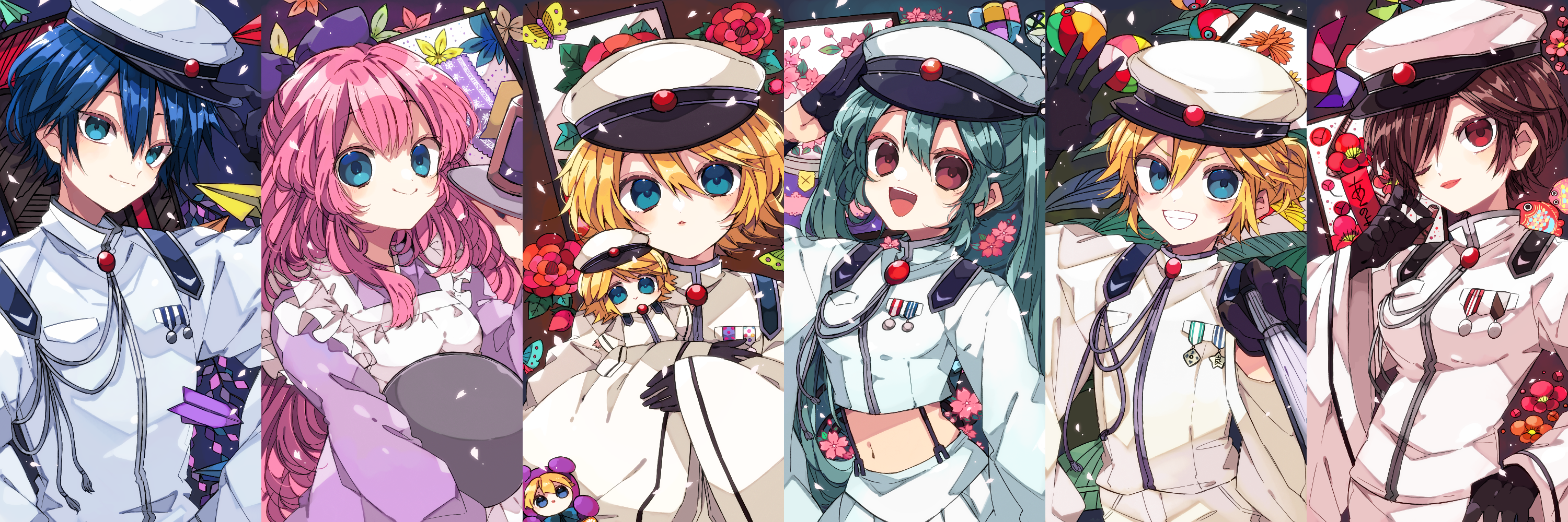kaho 0102, hatsune miku, kagamine len, kagamine rin, kaito (vocaloid), megurine luka, meiko (vocaloid), vocaloid, commentary request, highres, 2boys, 4girls, :d, apron, black gloves, blonde hair, blue eyes, breasts, brown hair, closed mouth, cropped shirt, double-parted bangs, dress, gloves, green hair, grin, hair between eyes, hat, long hair, long sleeves, looking at viewer, medium breasts, midriff, multiple boys, multiple girls, navel, open mouth, pink hair, purple dress, red eyes, shirt, short hair, smile, twintails, upper body, v-shaped eyebrows, white apron, white hat, white shirt