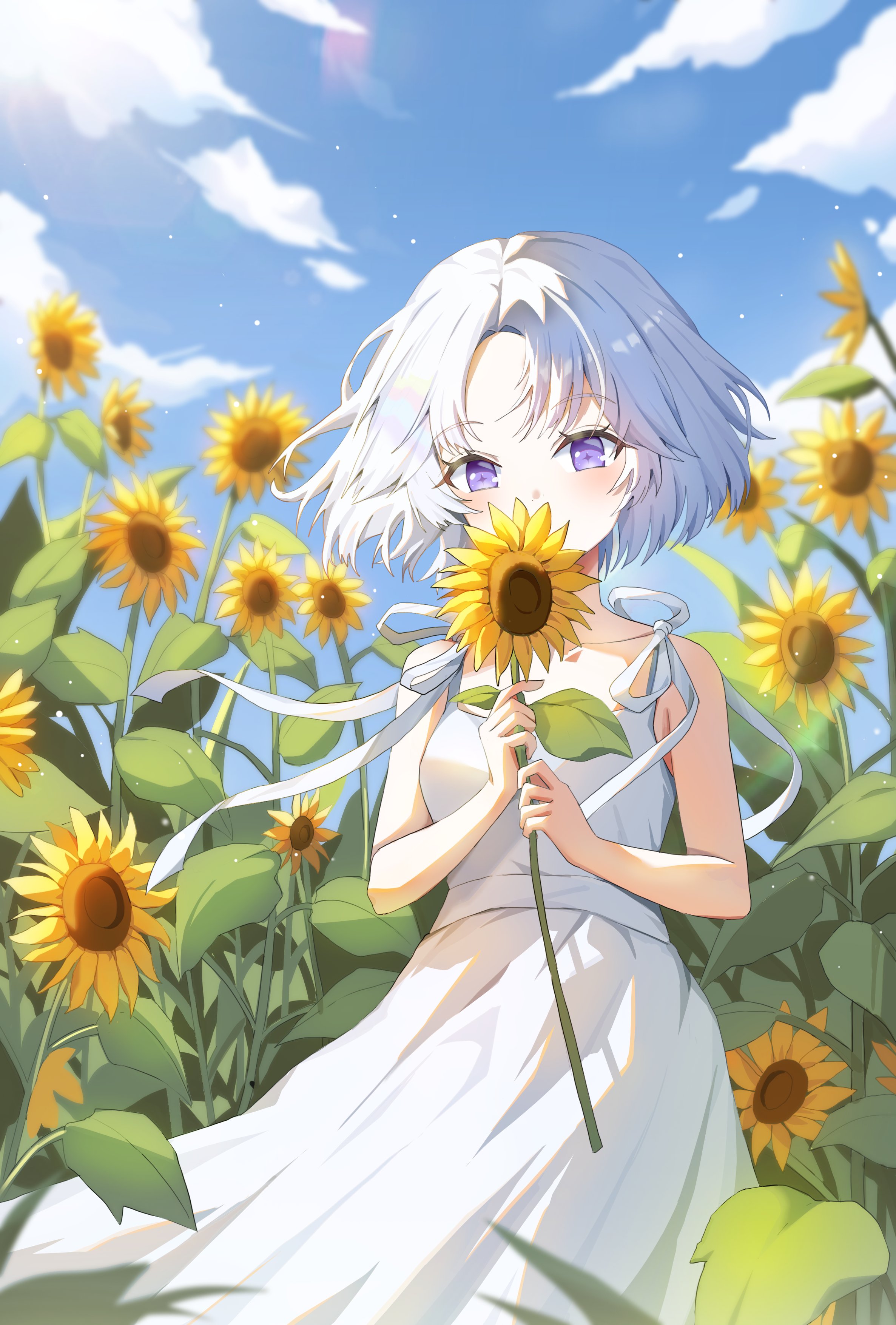 ayatsuno yuni, stellive, absurdres, hashtag-only commentary, highres, 1girl, aoba nene, blue sky, blush, cloud, collarbone, covered mouth, curtained hair, day, dress, field, floating clothes, flower, flower field, forehead, grey hair, hands up, holding, holding flower, looking at viewer, outdoors, purple eyes, short hair, sky, sleeveless, sleeveless dress, solo, standing, star-shaped pupils, star (symbol), sunflower, sunflower field, symbol-shaped pupils, virtual youtuber, white dress, yellow flower