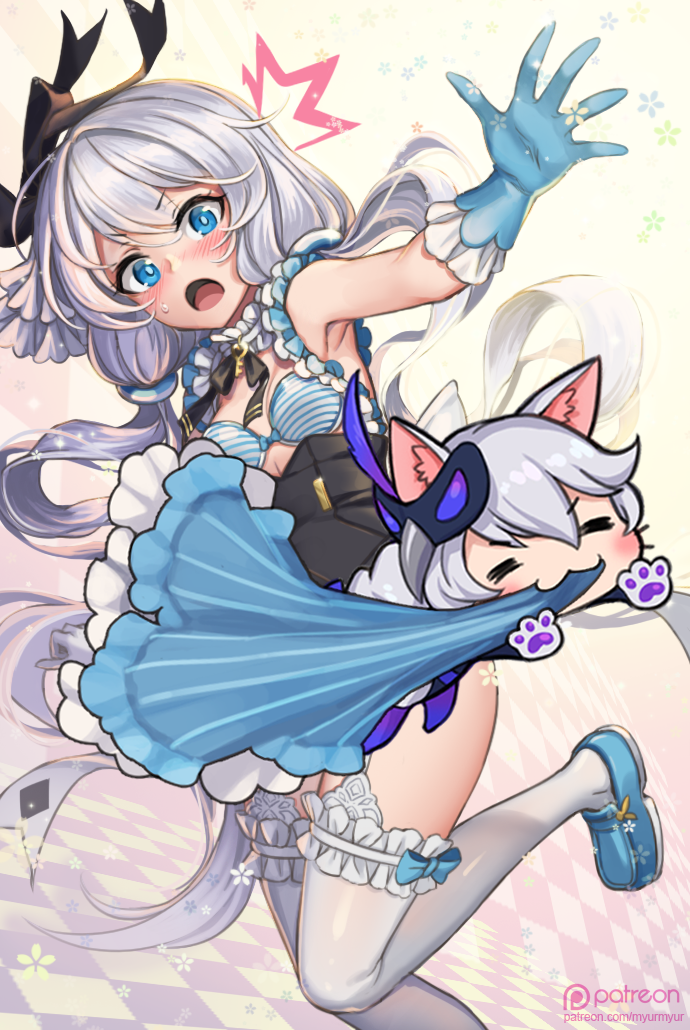 myurumyuru, kallen kaslana, kallen kaslana (sixth serenade), theresa apocalypse, theresa apocalypse (violet executer), theresa apocalypse (wonderland trek), honkai (series), honkai impact 3rd, bad id, bad pixiv id, 2girls, :3, animal ears, armpits, asymmetrical gloves, blue eyes, blue gloves, blue shoes, bra, breasts, cat ears, cat girl, closed eyes, closed mouth, dress, gloves, hair between eyes, hair ribbon, long hair, looking at viewer, mask, mask on head, mismatched gloves, multiple girls, open mouth, ribbon, shoes, small breasts, solo, strapless, strapless bra, striped bra, striped clothes, surprised, thighhighs, twintails, underwear, white gloves, white hair, white thighhighs
