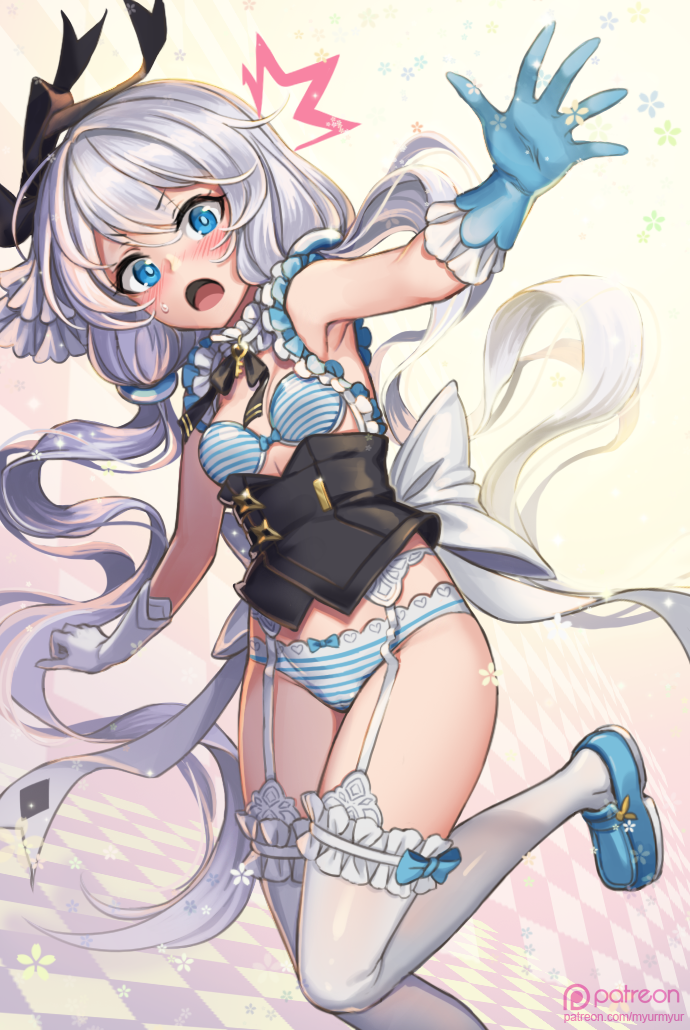 myurumyuru, theresa apocalypse, theresa apocalypse (violet executer), theresa apocalypse (wonderland trek), honkai (series), honkai impact 3rd, bad id, bad pixiv id, 1girl, armpits, asymmetrical gloves, blue bra, blue eyes, blue gloves, blue panties, blue shoes, bow, bow panties, bra, breasts, dress, gloves, hair between eyes, hair ribbon, long hair, looking at viewer, mismatched gloves, open mouth, panties, ribbon, shoes, small breasts, solo, strapless, strapless bra, striped bra, striped clothes, striped panties, surprised, thighhighs, twintails, underwear, white gloves, white hair, white thighhighs