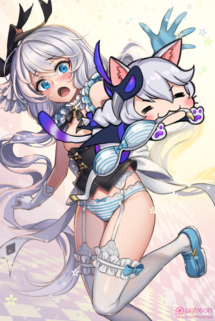 myurumyuru, kallen kaslana, kallen kaslana (sixth serenade), theresa apocalypse, theresa apocalypse (violet executer), theresa apocalypse (wonderland trek), honkai (series), honkai impact 3rd, bad id, bad pixiv id, 2girls, :3, animal ears, armpits, asymmetrical gloves, blue eyes, blue gloves, blue panties, blue shoes, bow, bow panties, bra, breasts, cameltoe, cat ears, cat girl, closed eyes, closed mouth, convenient censoring, dress, gloves, hair between eyes, hair ribbon, long hair, looking at viewer, mask, mask on head, mismatched gloves, multiple girls, open mouth, panties, ribbon, shoes, small breasts, solo, strapless, strapless bra, striped bra, striped clothes, striped panties, surprised, thighhighs, twintails, underwear, white gloves, white hair, white thighhighs