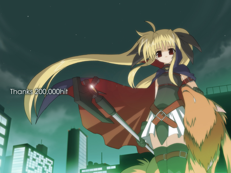 arf, bardiche (device form) (nanoha), bardiche (nanoha), fate testarossa, fate testarossa (original form), lyrical nanoha, mahou shoujo lyrical nanoha, 00s, 1girl, belt, black dress, black thighhighs, blonde hair, buckle, building, cape, city, dress, floating hair, long hair, looking at viewer, milestone celebration, outdoors, red eyes, sidelocks, skyscraper, thighhighs, very long hair, wind, zettai ryouiki