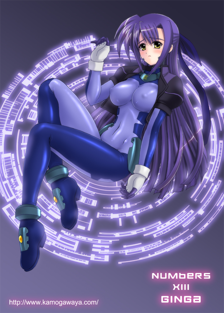 kamogawa tanuki, ginga nakajima, lyrical nanoha, mahou shoujo lyrical nanoha, mahou shoujo lyrical nanoha strikers, 00s, 1girl, blue bodysuit, blush, bodysuit, breasts, covered erect nipples, female focus, large breasts, latex, legs, long hair, long legs, magic circle, purple hair, shiny clothes, skin tight, solo, thighs, yellow eyes