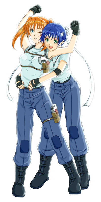 cross mirage, subaru nakajima, teana lanster, lyrical nanoha, mahou shoujo lyrical nanoha, mahou shoujo lyrical nanoha strikers, uniform, 00s, 2girls, :d, arms up, black gloves, blue hair, boots, breasts, gloves, holster, knee boots, knee pads, large breasts, looking at viewer, multiple girls, open mouth, orange hair, short hair, simple background, smile, standing, thigh holster, white background, yuri