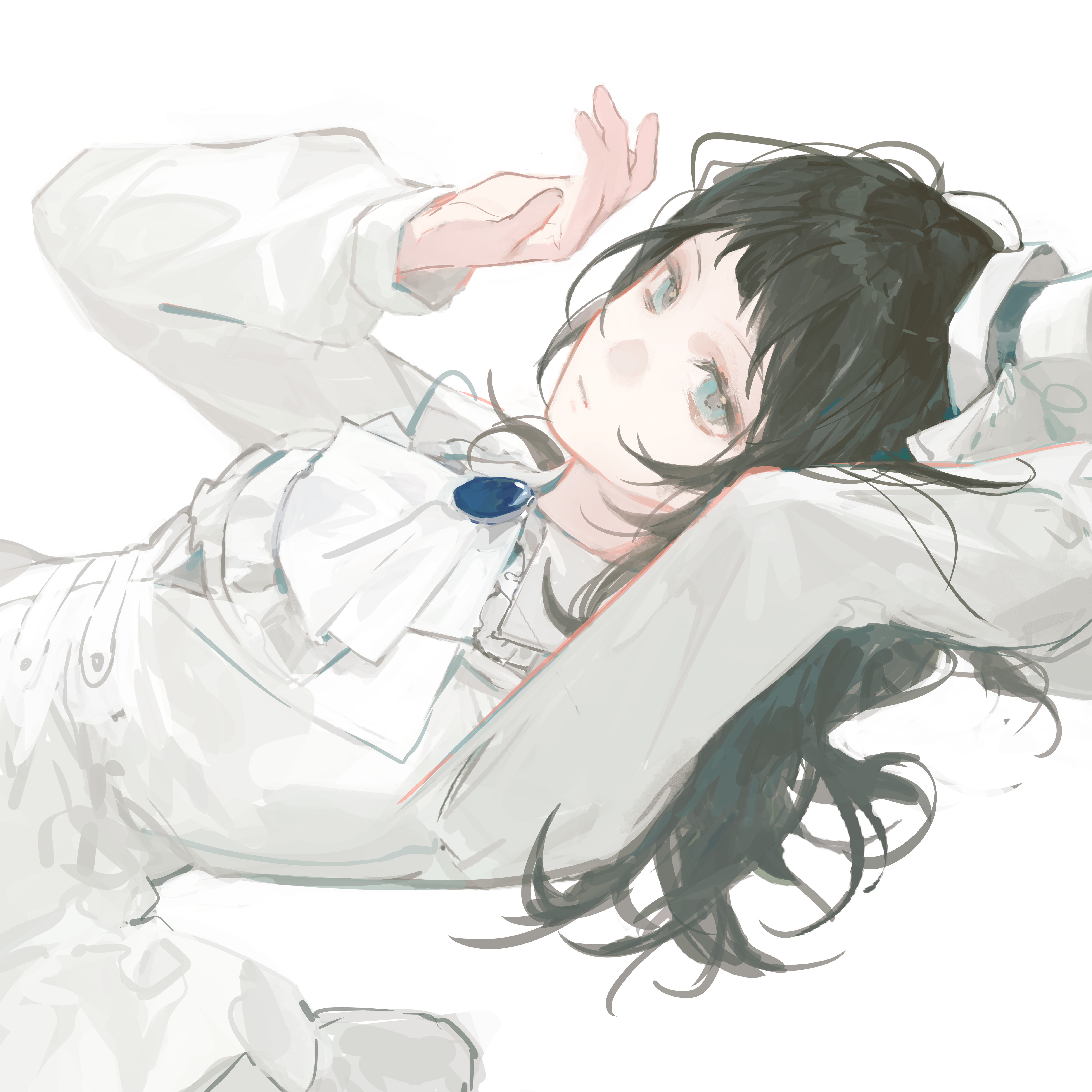 yeban bai, yahata umiri, bang dream!, bang dream! it's mygo!!!!!, absurdres, chinese commentary, commentary request, highres, 1girl, arm up, ascot, black hair, blue eyes, brooch, closed mouth, hat, jewelry, lolita fashion, long hair, long sleeves, looking at viewer, lying, official alternate costume, on back, sideways, simple background, solo, upper body, white ascot, white background, white hat