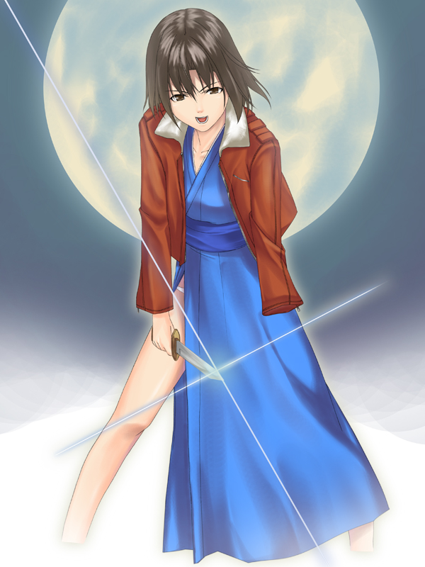 saiga, ryougi shiki, kara no kyoukai, bad id, bad pixiv id, 1girl, amputee, brown eyes, brown hair, female focus, full moon, jacket, japanese clothes, kimono, knife, moon, obi, red jacket, sash, short hair, side slit, solo