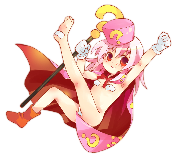 tachitsu teto, hatena yousei, benesse, bad id, bad pixiv id, 1girl, ?, armpits, barefoot, blush, cape, feet, female focus, flat chest, gloves, hat, loli, maebari, naked cape, nude, pink hair, pink hat, red eyes, shoes, single shoe, solo, staff
