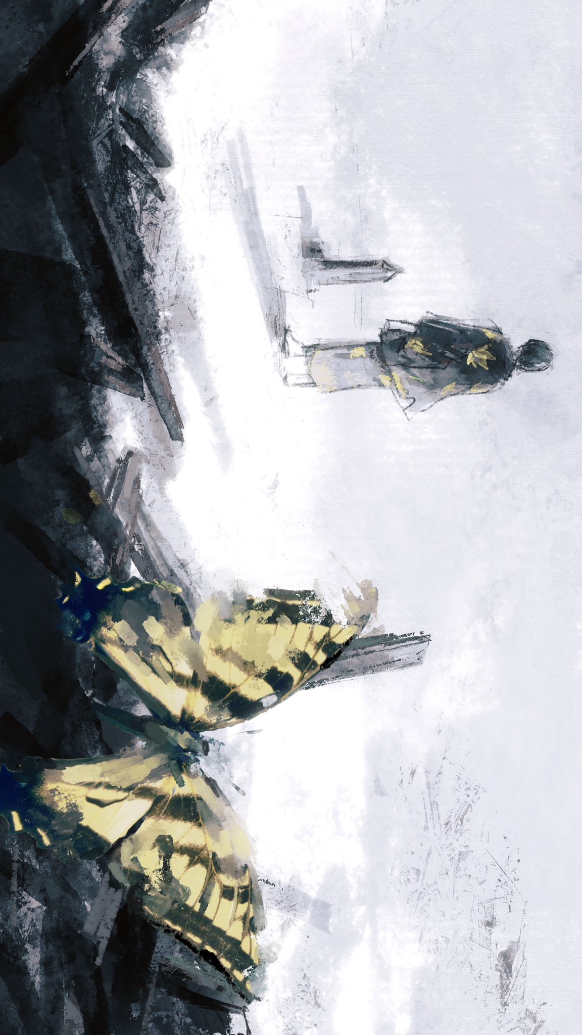 lushu kuye, takasugi shinsuke, gintama, commentary request, highres, 1boy, black hair, bug, butterfly, from behind, haori, insect, japanese clothes, kimono, male focus, outdoors, ruins, short hair, sideways, sky, solo, standing, tombstone, yellow butterfly
