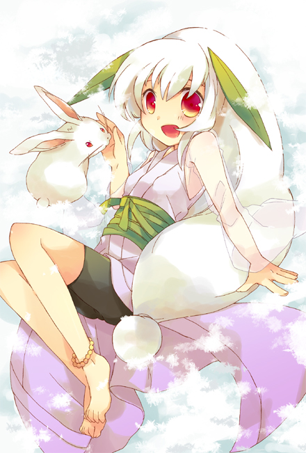 tachitsu teto, original, bad id, bad pixiv id, 1girl, anklet, barefoot, bike shorts, cape, feet, female focus, jewelry, long hair, lying, open mouth, parody, rabbit, red eyes, see-through clothes, smile, snow, snow rabbit, solo, very long hair, white hair