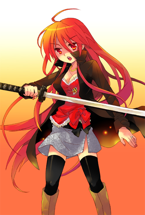 tachitsu teto, alastor (shakugan no shana), shana, shakugan no shana, 00s, 1girl, aged up, female focus, jewelry, long hair, pendant, red eyes, red hair, solo, sword, thighhighs, weapon