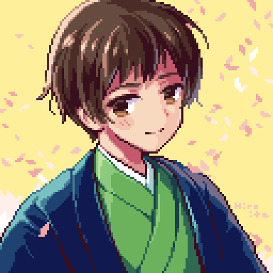 hiroita, japan (hetalia), axis powers hetalia, commentary request, lowres, 1boy, brown eyes, brown hair, closed mouth, long sleeves, looking at viewer, male focus, petals, pixel art, portrait, short hair, simple background, solo, upper body, yellow background