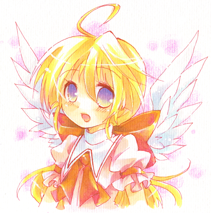 tachitsu teto, original, 1girl, ahoge, angel wings, blonde hair, blue eyes, blush, bow, female focus, gradient eyes, green eyes, large bow, long hair, looking at viewer, marker, multicolored eyes, open mouth, solo, upper body, wings