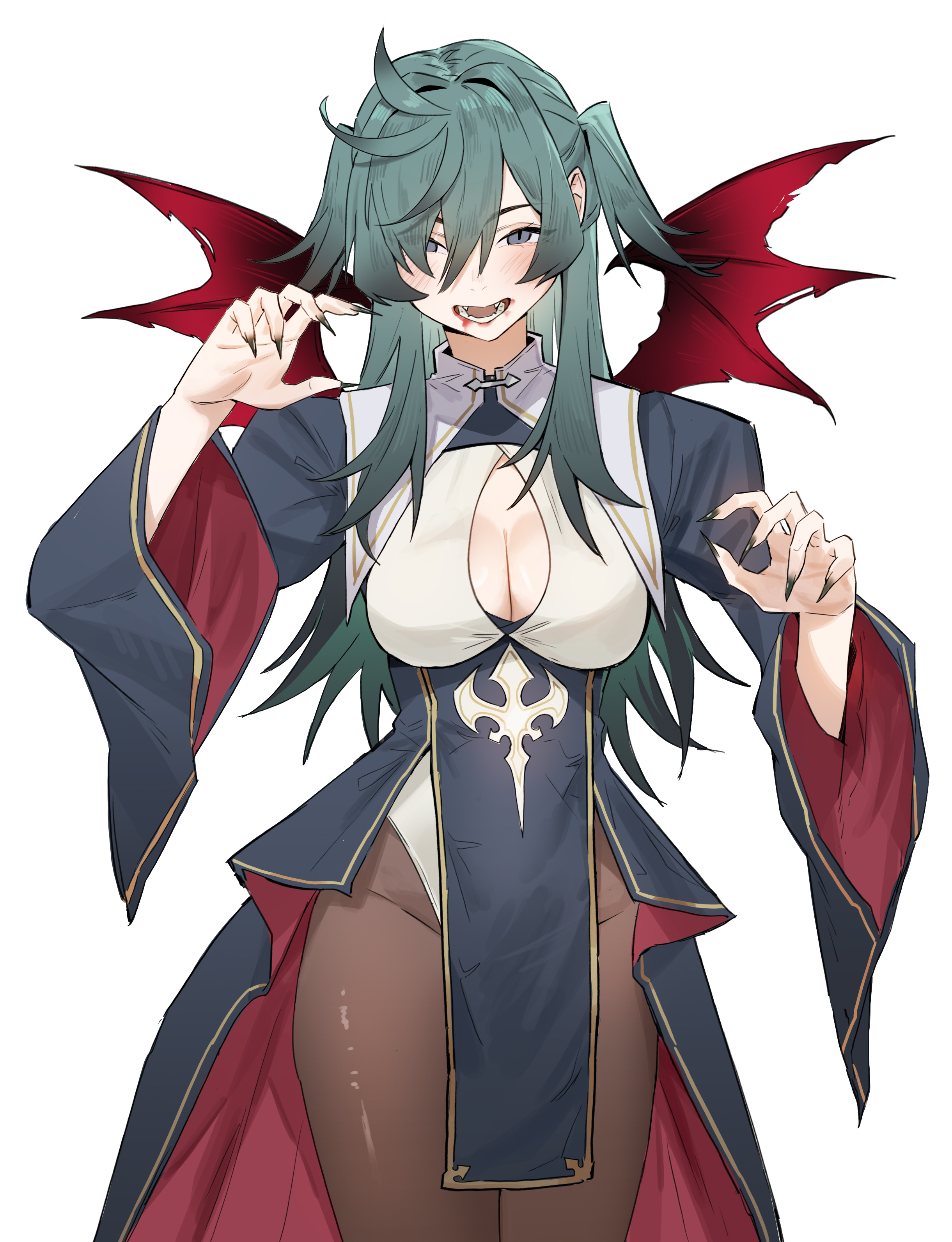 shouz, original, absurdres, highres, 1girl, :d, bat wings, black leggings, black nails, black pantyhose, blood, blood on face, breasts, claw pose, cleavage, cleavage cutout, clothing cutout, cowboy shot, eyes visible through hair, facing viewer, fangs, fingernails, green hair, grey eyes, guimpe, hair between eyes, hair intakes, hair over one eye, large breasts, leggings, light blush, long hair, long sleeves, looking at viewer, mini wings, open mouth, pantyhose, pelvic curtain, red wings, sharp fingernails, short twintails, simple background, smile, solo, twintails, vampire, white background, wings