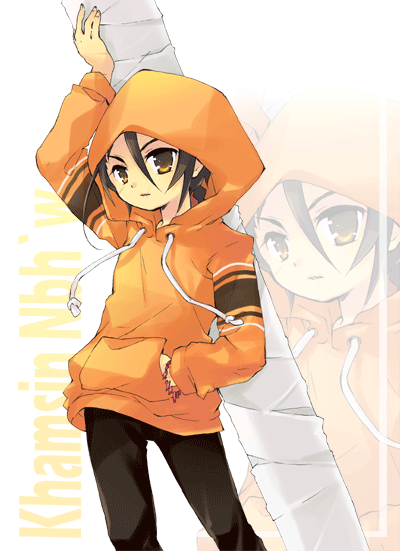 tachitsu teto, khamsin nbh'w, shakugan no shana, 00s, 1boy, brown eyes, brown hair, hair between eyes, hand in pocket, hood, hoodie, long sleeves, looking at viewer, male focus, pants, solo, standing, zoom layer
