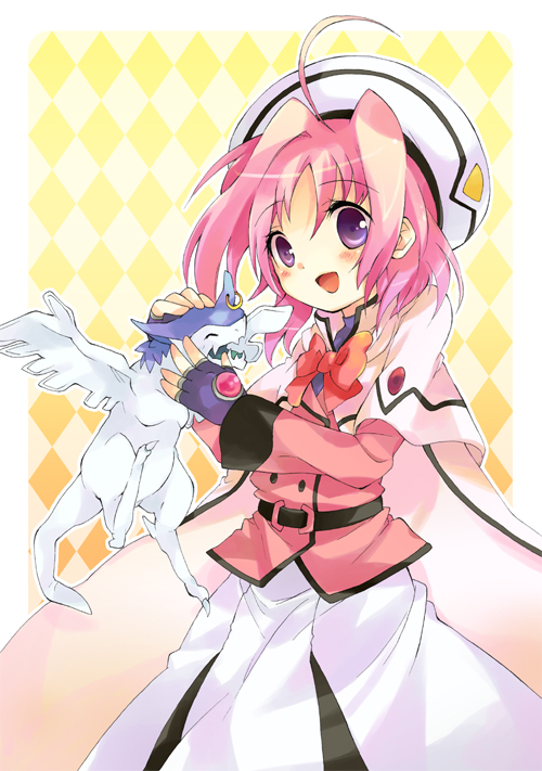 tachitsu teto, caro ru lushe, friedrich (nanoha), kerykeion (nanoha), lyrical nanoha, mahou shoujo lyrical nanoha, mahou shoujo lyrical nanoha strikers, 00s, 1girl, ahoge, argyle background, argyle clothes, bow, bowtie, cape, coat, dragon, fingerless gloves, gloves, hat, magical girl, open mouth, pink bow, pink hair, purple eyes, short hair, smile, tareme