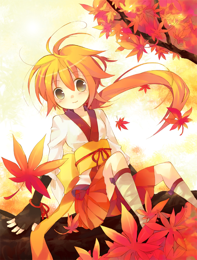 tachitsu teto, original, 1girl, autumn, brown eyes, female focus, fingerless gloves, gloves, in tree, japanese clothes, leaf, long hair, maple leaf, obi, orange hair, ponytail, sash, sitting, sitting in tree, smile, solo, tree